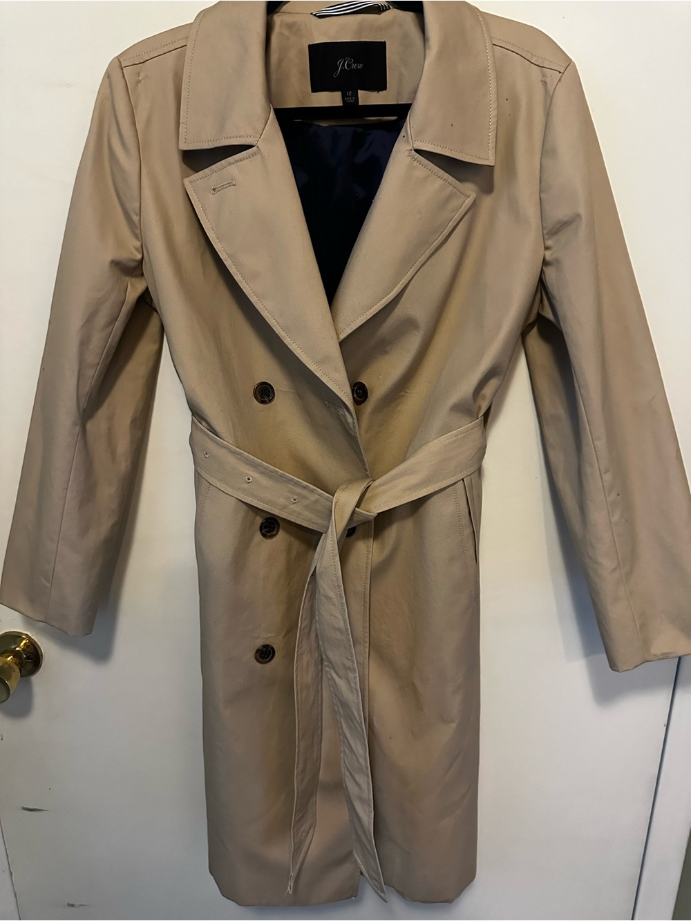 J.Crew Icon Trench Coat Size 12 Khaki Tan Double Breasted Belted H5852